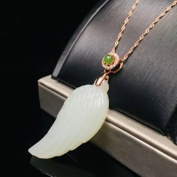 

925 Silver White HeTian Jade Feather Shape Design Lucky Pendant + Chain Necklace For Women Fine Jewelry