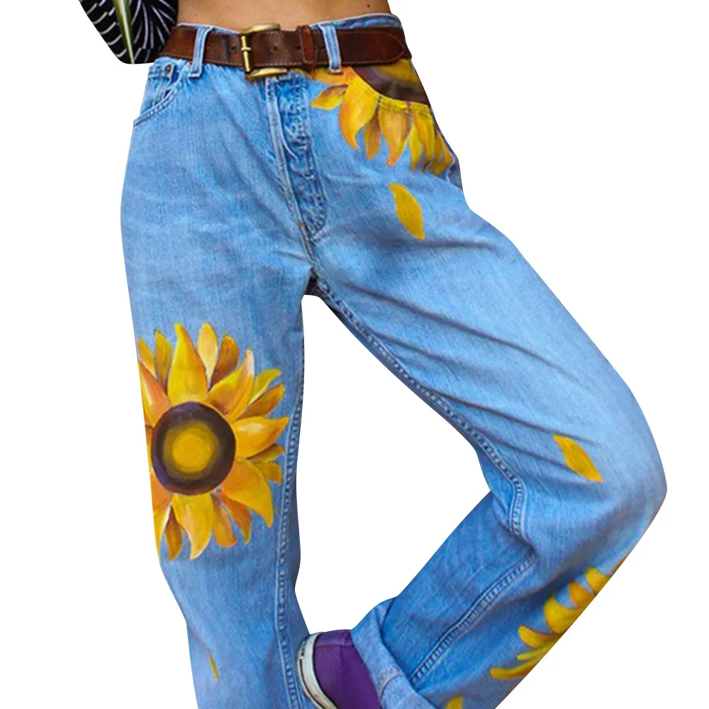 Women Wide Leg Denim Jeans Big Floral Print Boyfriends Jeans Autumn Mid Waist Casual Jeans Femme High Street vaqueros mujer