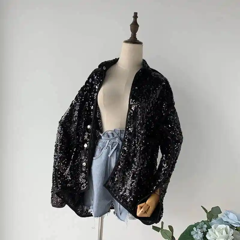NiceMix/Новинка года, Весенняя черная Свободная блузка с длинным рукавом и отложным воротником, большие размеры, Женская Осенняя винтажная блузка с блестками, женская блузка