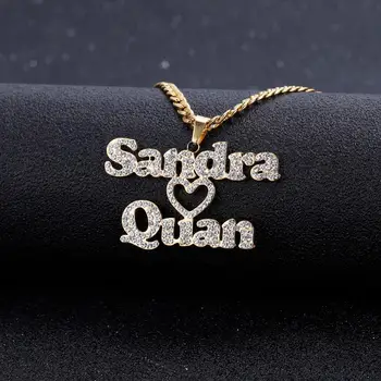 

Custom Personalized Double Name Iced Out Necklace Love Heart Choker Thick chain Necklaces Handwriting Nameplate Couple Jewelry