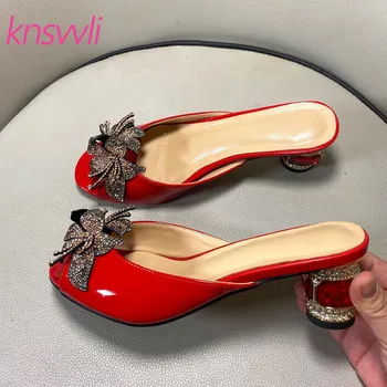 

Glass Strange Style Heel Slippers Woman Patent Leather Metal Flower Decor Sandals Women Rhinestone High Heels Summer Shoes Woman