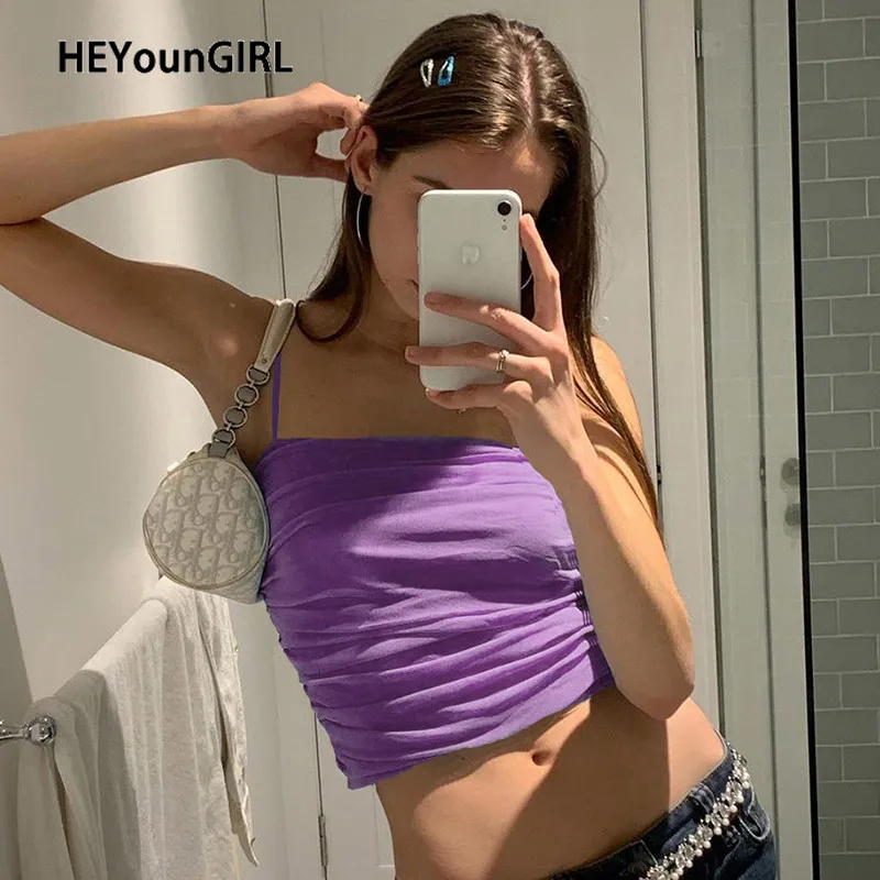 

HEYounGIRL Double Layer Ruched Mesh Sleeveless Spaghetti Strap Top Summer Purple Sexy Cami Vest Tops Tees Backless Crop Top 2020