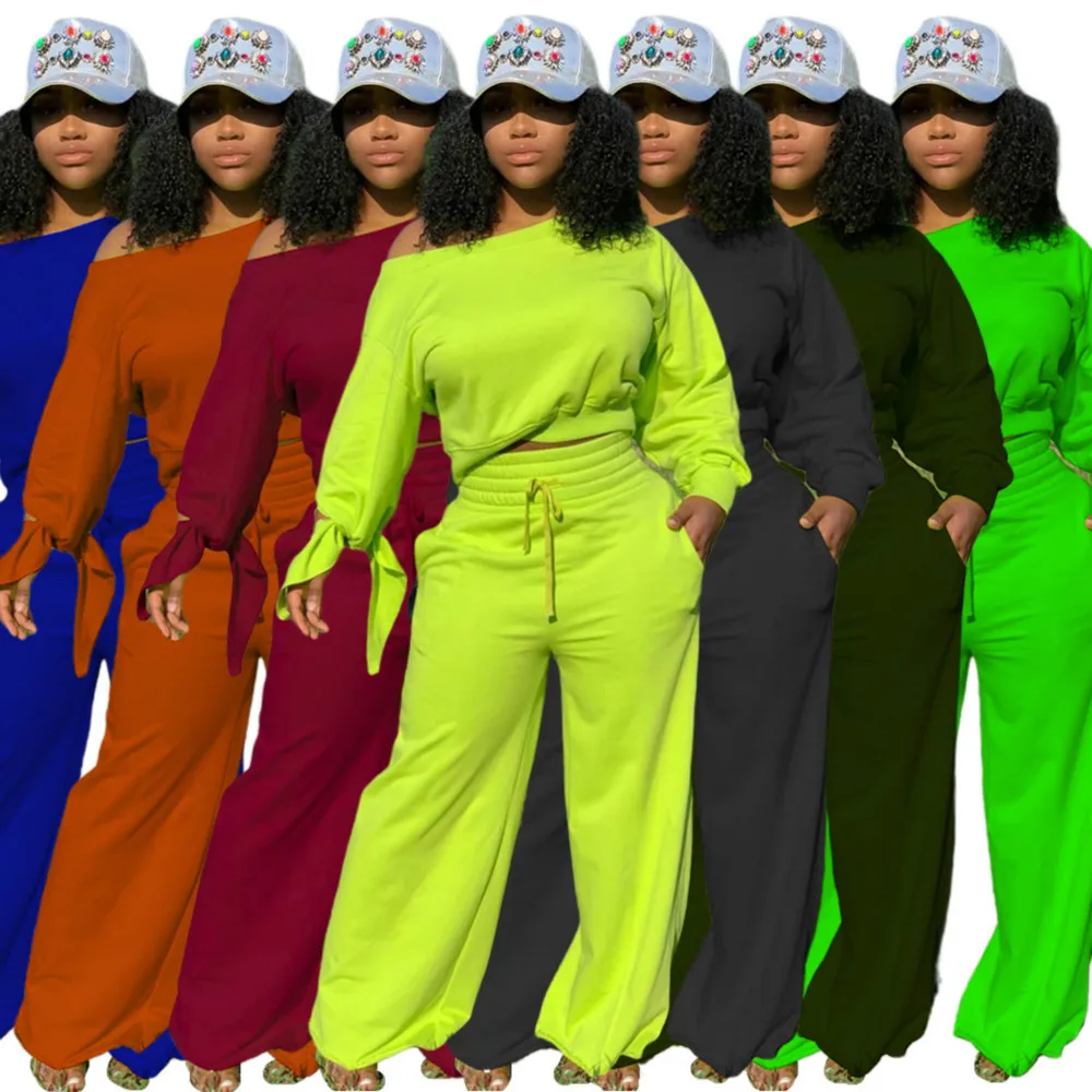 

Sexy Off Shoulder Solid Color Tie-Knot Long Sleeves Tops and Loose Drawstring Trousers Brushed Women Casual Suits Autumn 2 Set