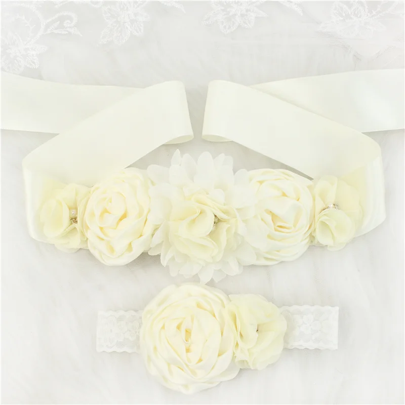 Bridal Waistband Casual Waist Belt Children Girls Waist Belts Long Ribbon with Headband Flower Polyester Belt Wedding Waistband For Girls Party Dress Accessories
