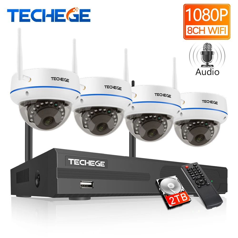Techege 8CH 1080P HD WiFi NVR 4 шт. 2.0MP Vandalproof Dome CCTV Беспроводная IP камера безопасности Система