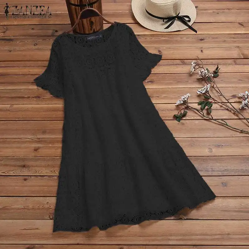 ZANZEA элегантное кружевное лоскутное платье, открытая Туника Vestidos, женское летнее платье с коротким рукавом размера плюс, Женский Повседневный Сарафан