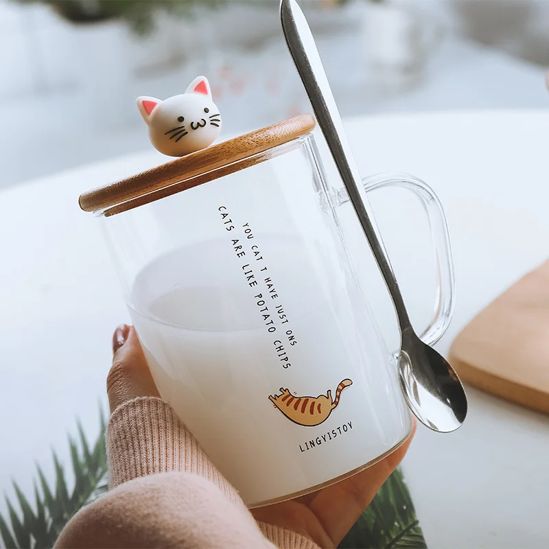 450ml Cute Cat Glass Mugs With Spoon and Lid Coffee Tea Milk Breakfast Cups With Handle Drinkware Nice Gifts|Mugs| - AliExpress
