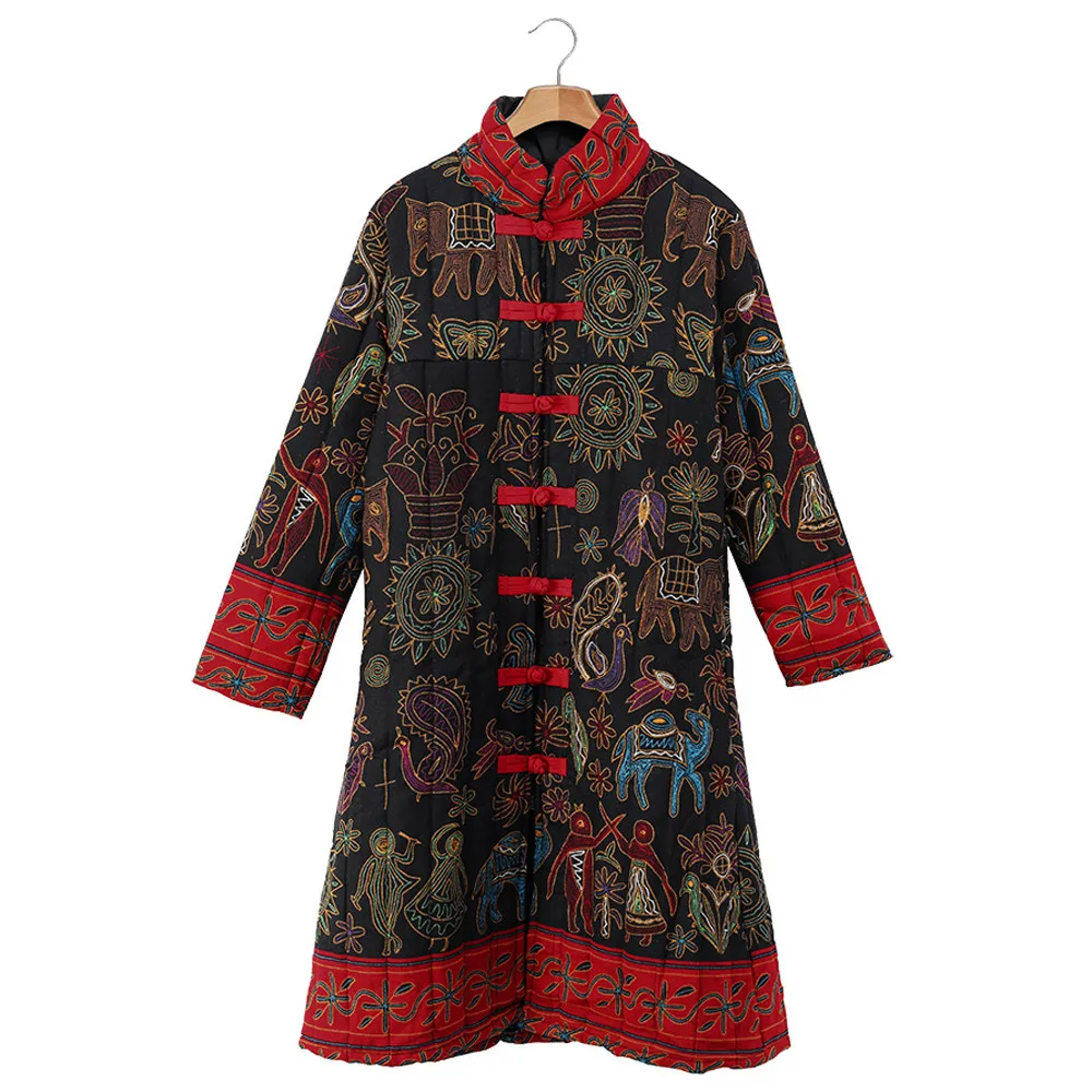 MISSOMO зимняя куртка для женщин, пальто, парка, свободные, с длинным рукавом, винтажный принт, пуговицы, макси, длинные пальто и куртки, женская верхняя одежда, 9