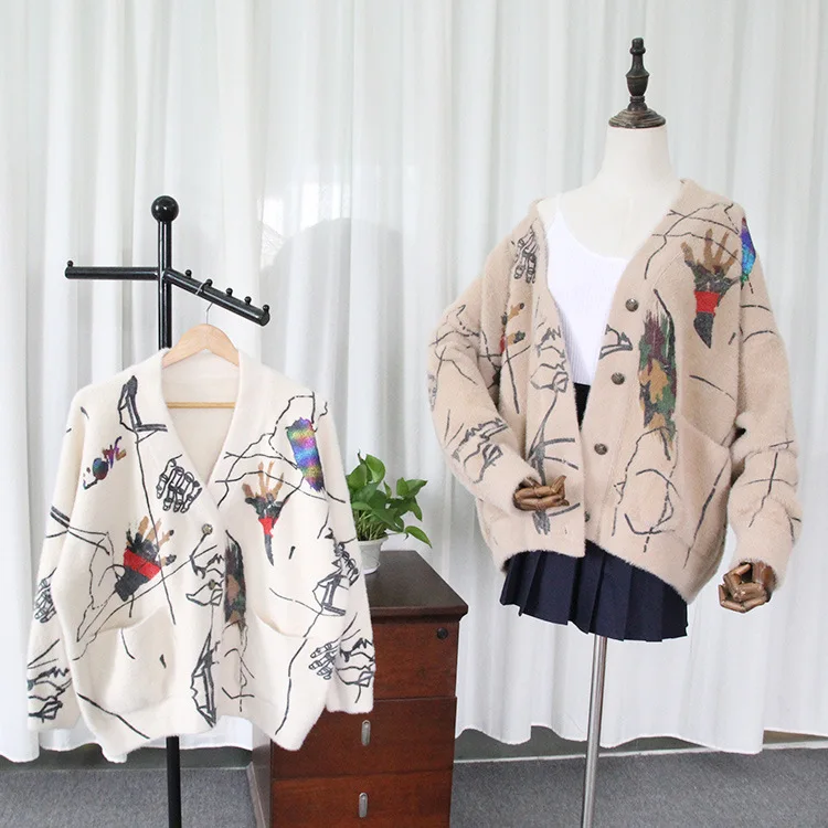 ^Cheap 2018 Mink-like Cardigan Coat Women's Autumn And Winter Korean-style Loose-Fit Sweater Thick Not Shed Printed Abstract Hand-Type