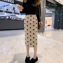 Корейская версия, Женская юбка с принтом в горошек, модная, высокая талия, с разрезом, тонкая юбка для женщин, простая, прямая, свободная, вязаная юбка для девушек