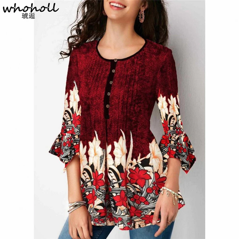 

Women Blouse Three Quarter Sleeve Floral Print Causal Loose Tunic Women Blouse Shirts 2019 Fashion Plus Size Women Clothing 5xl
