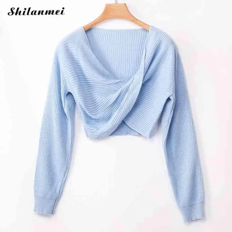 

Autumn Pullover Sweters Sexy Cross V Neck Women Sweater Long Sleeve Crop Women Invierno 2019 Streetwear White Knitted Sweater Xl