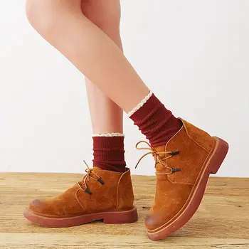 

Women Vertical Stripes Lace Small Lace Autumn Winter Solid Color Pile Female Ginger Yellow Ankle Socks