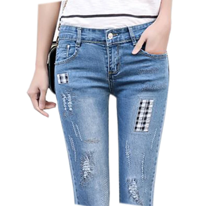Новые женские рваные джинсовые брюки с принтом Pecil, женские узкие эластичные обтягивающие брюки, брюки с узором в клетку - Цвет: Blue