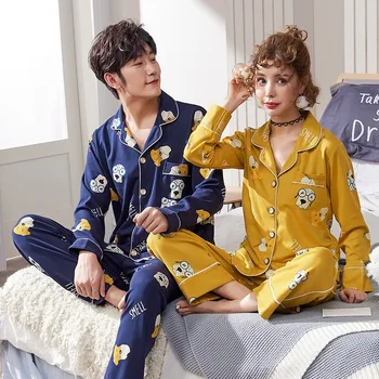 

High Quality Lovers Pajamas Women 100% Cotton Cartoon Cat Long-Sleeved Pajama Sets Men Pure Couple Pajamas For Men Set Sleepwear