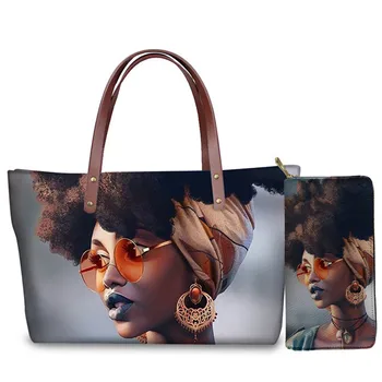 

Design Custom mode Handbags Women Bags Pan African Girl Printing 2pcs/set Shoulder Bag&Wallet Females Top-Handle Bags
