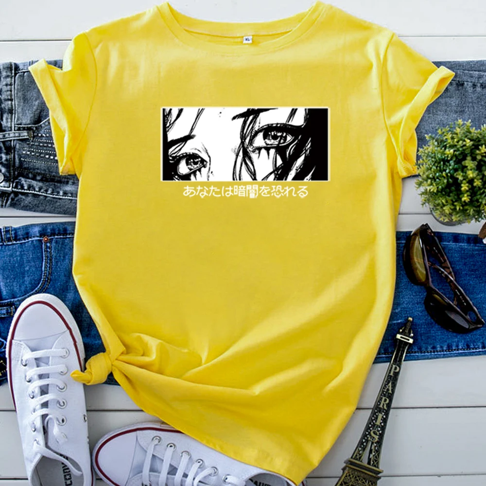 T-Shirts Cool Eyes Black And White Illustration Womens T-Shirts Vintage Oversized Woman Topspunk Harajuku T Shirts For Women'S