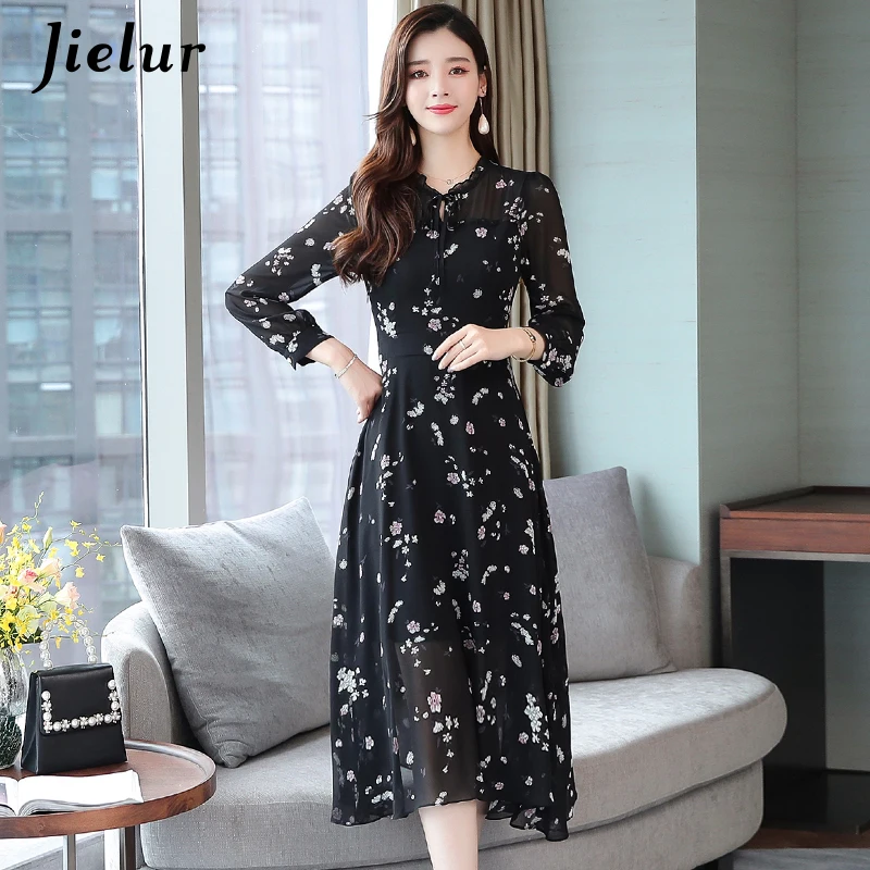 

Jielur 2019 Autumn Dress Ruffles Polka Floral Print Long Sleeve Dress Women Black Robe Femme Chiffon High Waist New Dresses