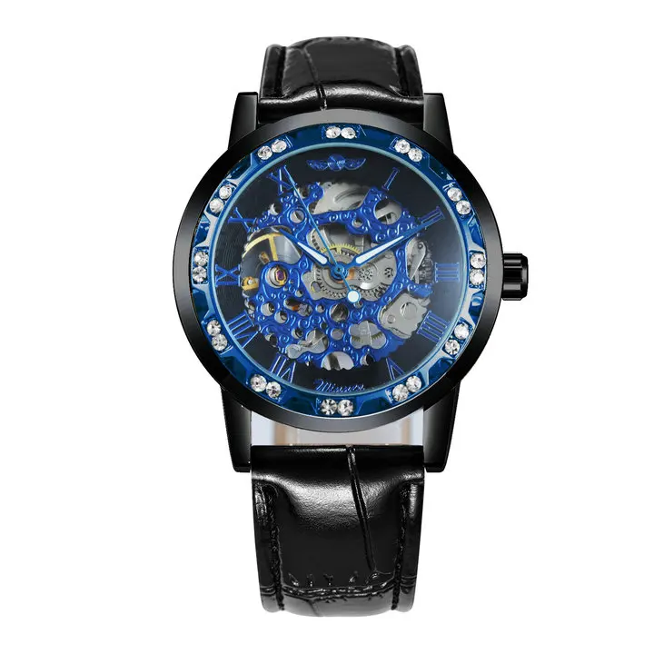 BLACK BLUE BLACK Модные часы со скелетом, бриллиантовые часы для женщин, дизайн Iced Out, ремешок из натуральной кожи, элегантные роскошные механические Женские часы - Цвет: BLACK BLUE BLACK