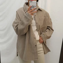 Zoki Harajuku Corduroy Women Shirt Jackets Autumn Long Sleeve Thin Coats Casual Vintage Pocket Female Button Up Overcoats 2022