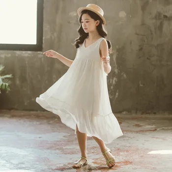 

Kids Girls Sleeveless Dress Summer New Fashion Children Cotton Cute Bow Long Style Dress Big Girls Elegant Beach Dress, #8870