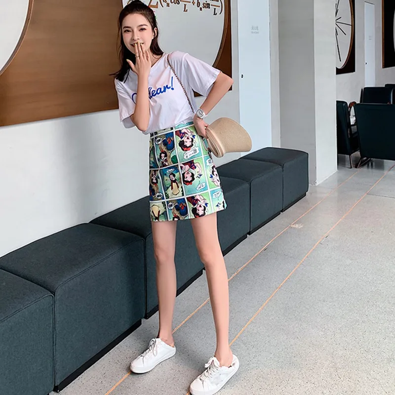 

Retro Harbor Wind Comic Print High Waist Wild A Line Skirt Color Mini Bag Hip Skirt