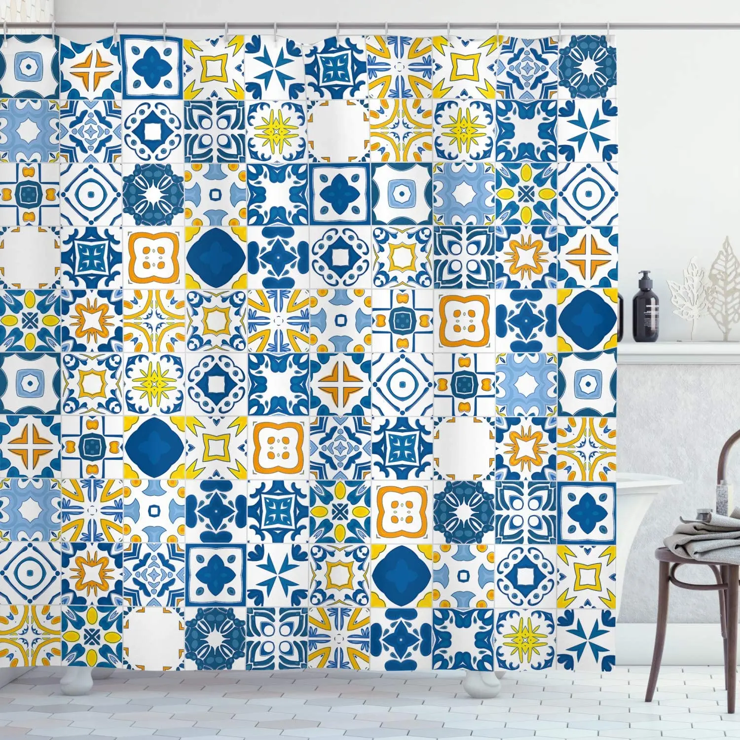 Желтая и синяя занавеска для душа мозаика португальский Azulejo средиземноморский