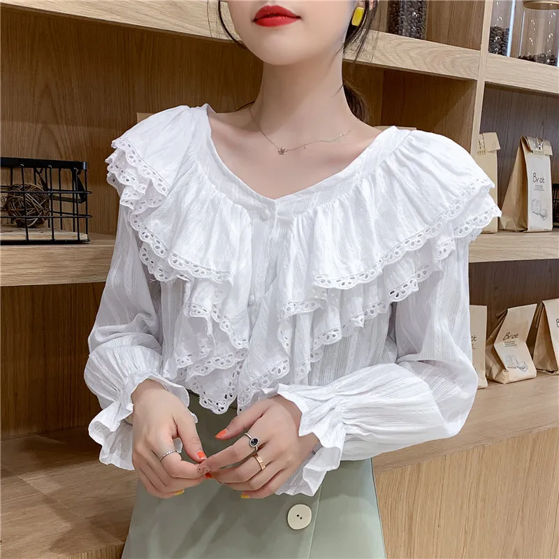 

Spring Autumn Long Sleeve Shirt Women Korean Chic Flare Sleeve Kawaii Babydoll White Tops Ladies Lace Patchwork Ruffle Blouses