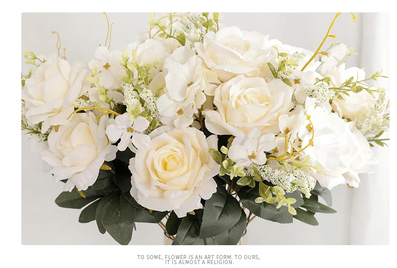 JAROWN 50cm Rose Hydrangea Silk Bouquet Artificial Flowers 13 Heads Bride Wedding DIY Flower Arrangement Home Decoration Fake Flowers Faux (26)