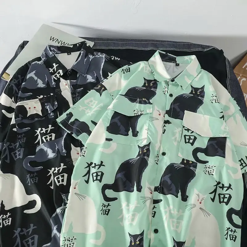 Men Hawaiian Shirt Summer Mens Hawaiian Shirt 3D animal black cat Printed Short lapel Sleeve Big Size Hawaii Men Beach Floral Shirts