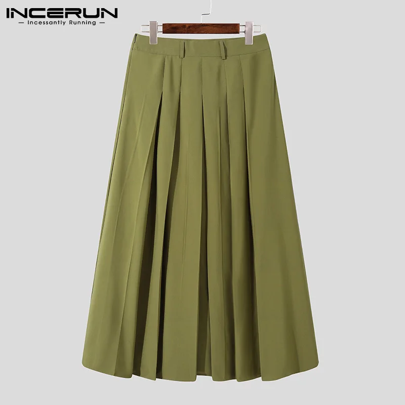 INCERUN Men Casual Skirts Pants Zipper Solid Color Pleated Streetwear Loose Men Bottoms 2023 Fashion Leisure Long Skirts S-5XL