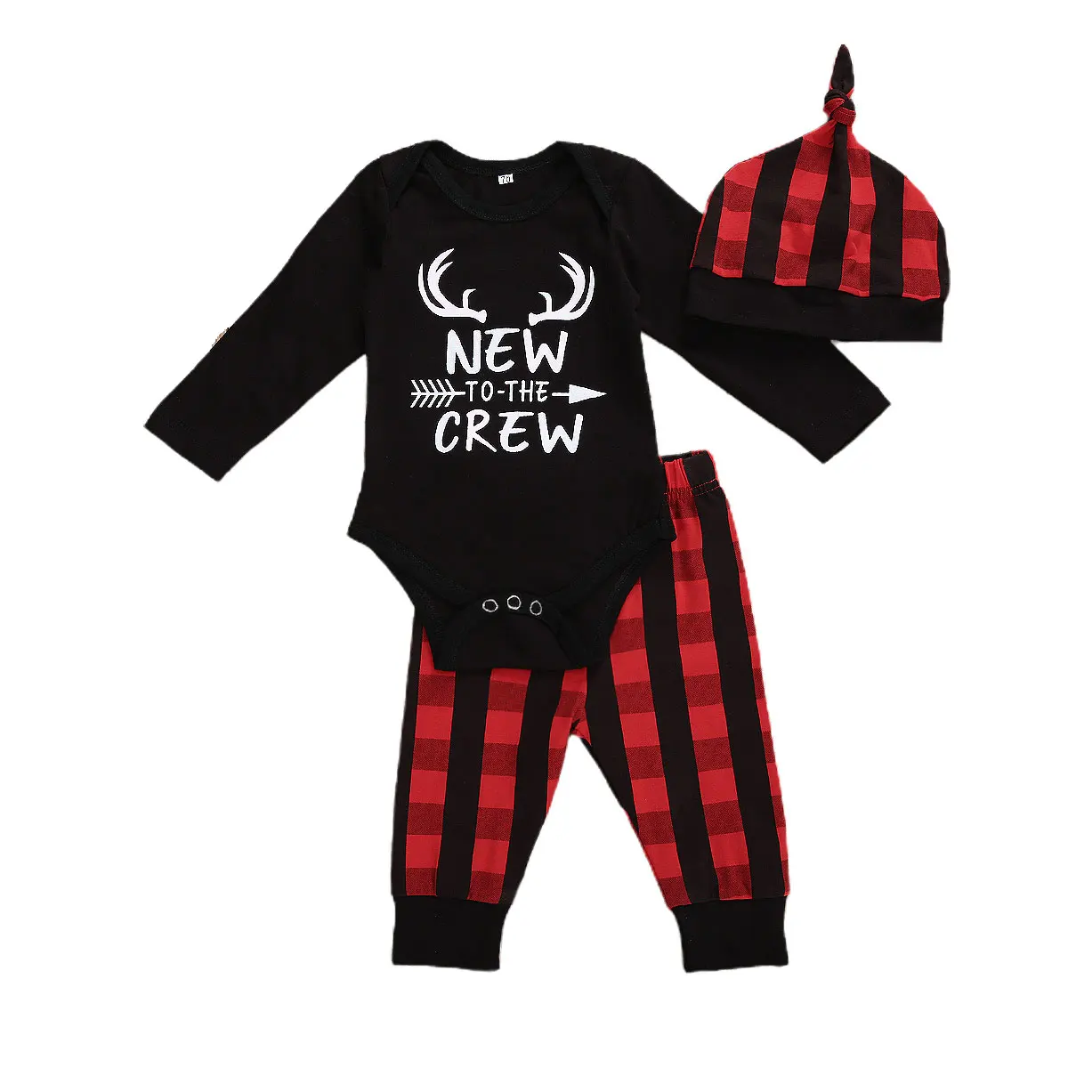 

Newborn Baby Girls Boys Christmas Outfits Cute Letter Print Romper + Plaid Long Pants + Hat 3Pcs Clothes Set