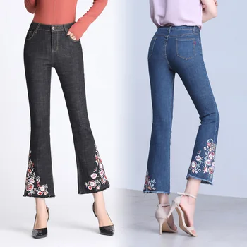 

jeans woman Autumn new china style embroidered flare pants elastic jeans vintage wide leg pants fashion high waist jeans
