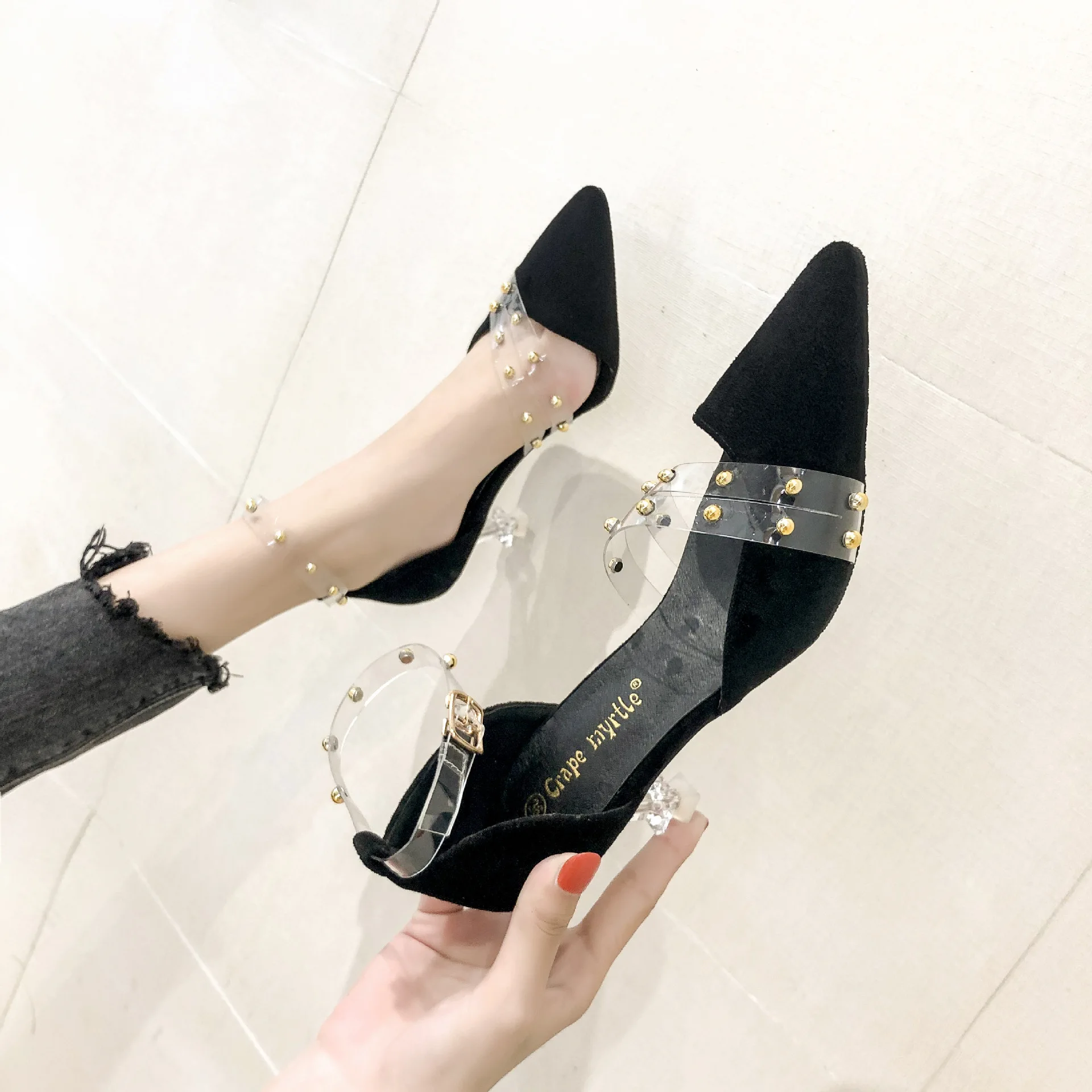 

2019 Summer New Style Sexy Rivet A- line Strap Sandals Women's Thin Heeled Versatile Closed-toe High Heel Shoes Transparent Poin