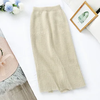 

2020 Autumn & Winter New Arrival Thickened Split Mid Length Knit Skirt Straight Imitation Water Velvet Skirt Free Shipping