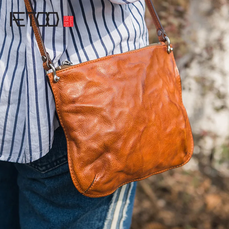 

BJYL Head-layer cowhide small envelope bag, female leather hundred commuter retro literary fan single Shoulder Bag