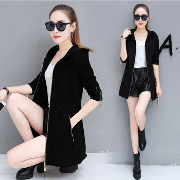 

Autumn Women Plus Size Trench Coat Pockets Fashion Slim Cotton Casual Windbreaker Ol Patchwork Hooded Trench