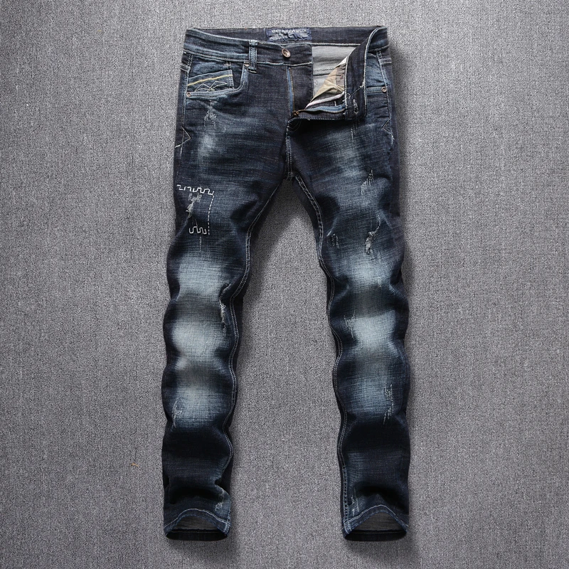 

Italian Vintage Style Men Jeans High Quality Slim Fit Embroidery Designer Ripped Jeans Men Black Blue Streetwear Hip Hop Jeans