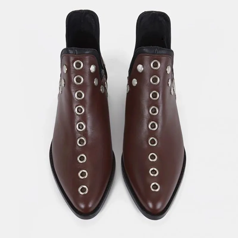 Коричневый Minmclas/женские ботильоны; коллекция года; сезон осень; Новая повседневная обувь; босоножки на высоком каблуке; оригинальные женские ботинки с острые заклепки - Цвет: Коричневый