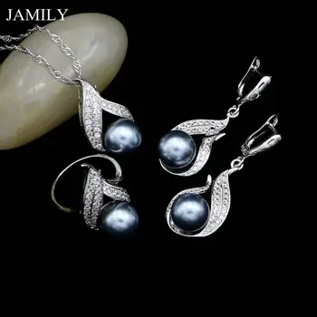 

Fashion Bridal Jewelry Sets Gray Pearl Beads White CZ for Women Wedding Earrings Pendant Ring Necklace Set Dropshipping