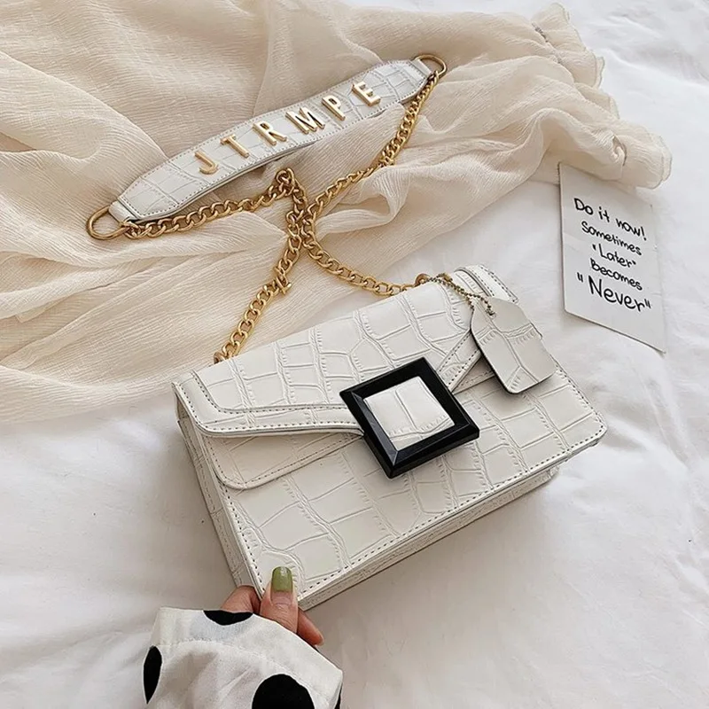2019New Wave Korean Version of The Wild Chain Small Square Bag Summer Stone Pattern Twill Shoulder Messenger Bag FemaleSmall Bag - Цвет: Белый