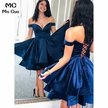 Новые темно-синие платья с открытыми плечами для выпускного вечера с коротким рукавом с v-образным вырезом выше колена выпускное платье сексуальное