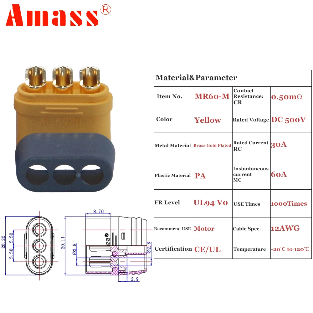 Amass MR60 MR 60 내화 여성 수컷 3 코어 커넥터, 외장이있는 3.5mm 황동 금 도금 Lipo ESC RC 모델 용, 5 짝/묶음
