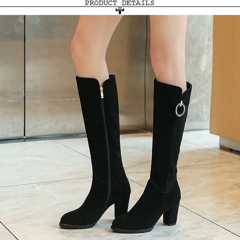 EGONERY hot sale knee high boots winter outside high heels round toe zip cow suede metal decortaion women shoes drop shipping