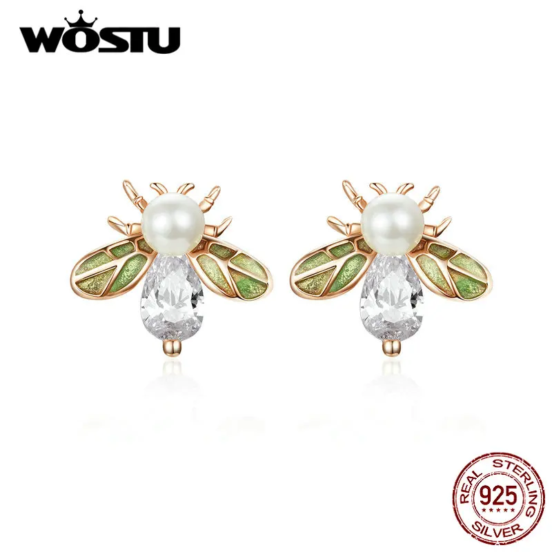 WOSTU, серьги-гвоздики Пчелка в виде животных, 925 пробы, серебро, Пресноводный Жемчуг, циркониевые серьги для женщин, ювелирные изделия для свадебной вечеринки CQE643