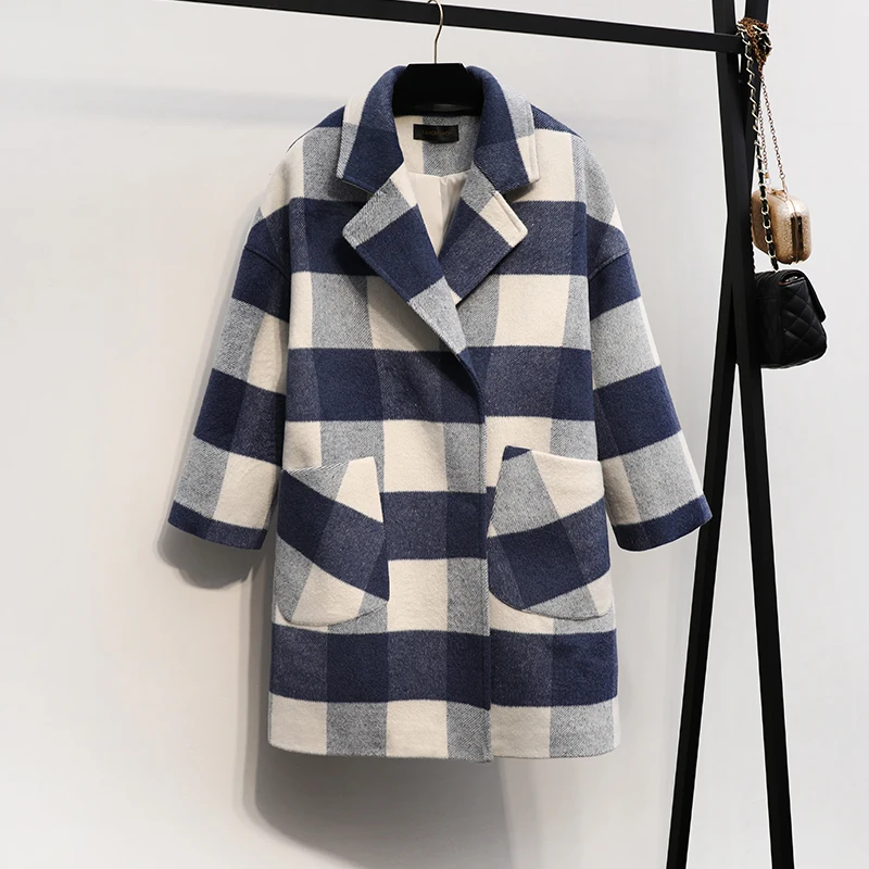 Autumn Women Coats New Large size Medium Long Lattice Loose Cardigan Hairy Jacket Winter Fashion Overcoat Female SS749 - Цвет: Blue