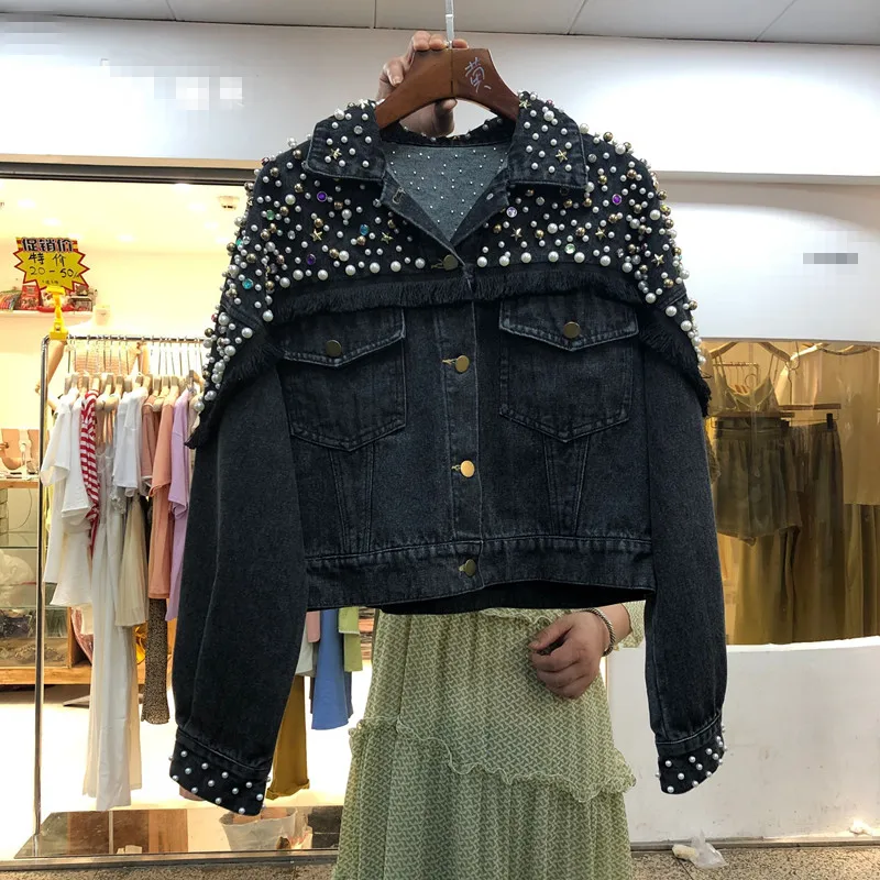 incredible  2019 Autumn New Fashion Heavy Industry Beads Washing Denim Jacket Coat Women Loose Short Cowboy Coa