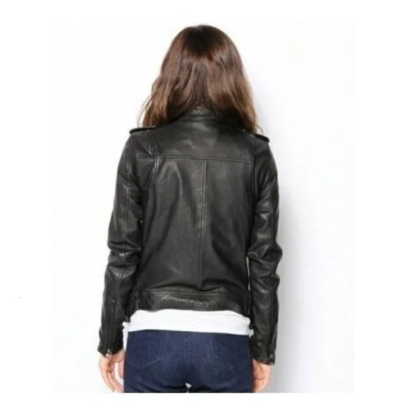 

Spring Autumn Women Short Sheepskin Real Leather Jacket Moto Biker Stand Collar Outwear Coat Rock Zipper Genuine Leather Jackets