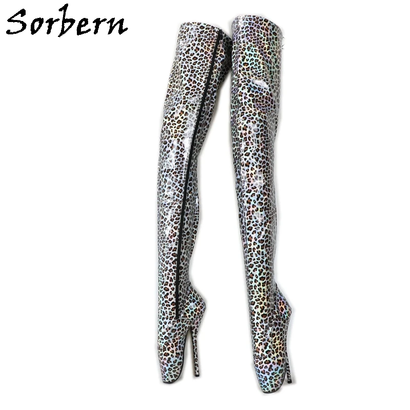 

Sorbern Silver Leopard Crotch Thigh High Boots Ballet Stilettos High Heel 18Cm Plus Size Drag Queen Shoes Lace Up Back Side Zip