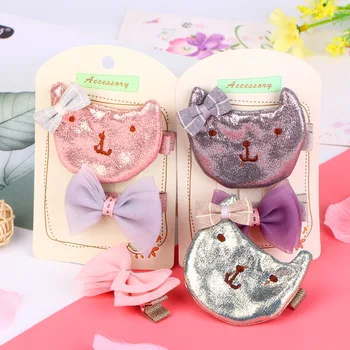 

Korean-style Chiffon Bowtie with Smiley Cat Barrettes Set Sell Meng Handmade Fabric Duck Clip 657-fj